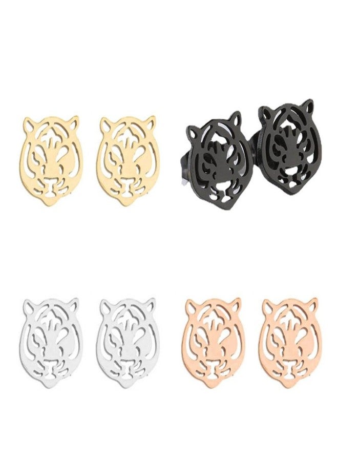 WCRAZYE Stainless Steel Animal Stud Earrings for Women Simple Tiger Head Stud Earrings Punk Hollow Animal Cartilage Pierced Hypoallergenic Studs Earring Fashion Jewelry Gifts (4 Pairs Tiger Earrings) - Image 1